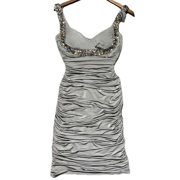 Cache Women Gray Ruche Sweetheart Neckline beaded Bodycon Dress Sz 2 Cocktail - Picture 15 of 15